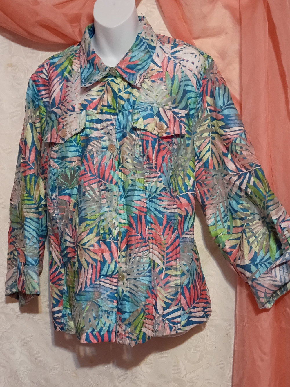 Ruby Rd. Multicolor Tropical Print/Sheer Button Down Shirt - Picture 5 of 8
